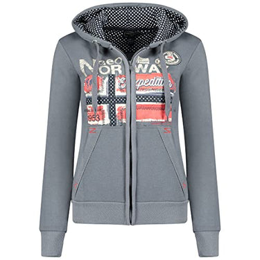 Geographical Norway Farlotte Lady - Hoodie Damen Sweatjacke Zip Kapuze Taschen - Pullover Damen Langarm Warm Jacke - Frauen Jahreszeit Frühling Sommer Herbst (Dunkelgrau S) im Sale